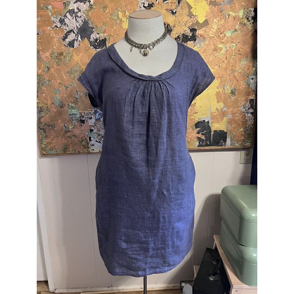 Malvin Hamburg Medium Lagenlook 100% Linen Mini Dress Blue Scoop Neck Pockets